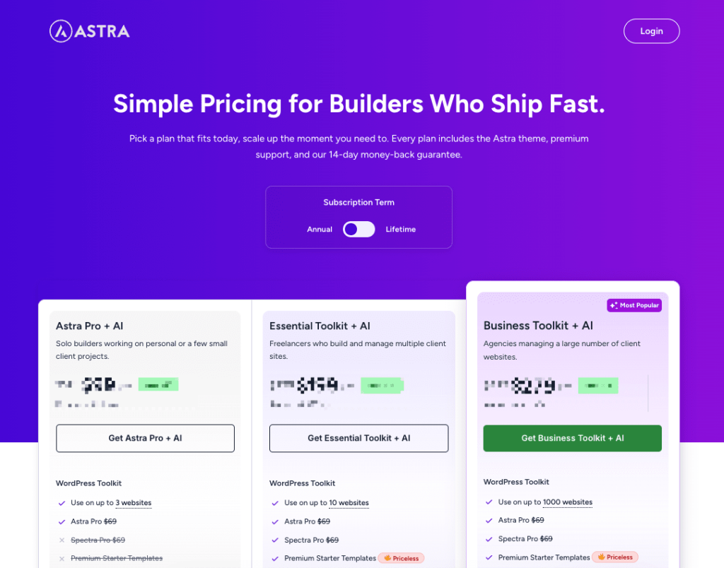 Astra pricing page