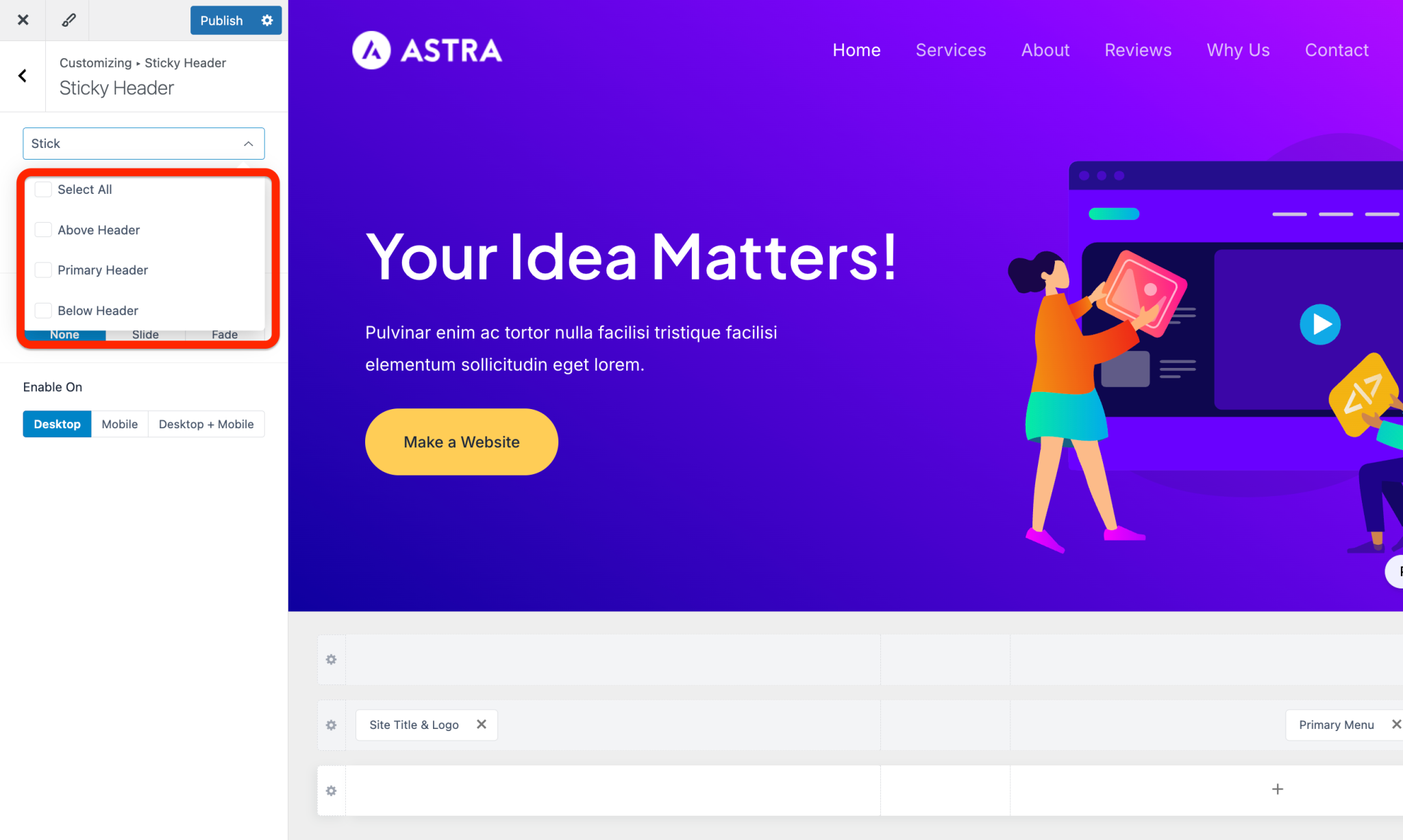Static Header Image How to Add a Sticky Header or On-scroll Fixed Header with Astra?