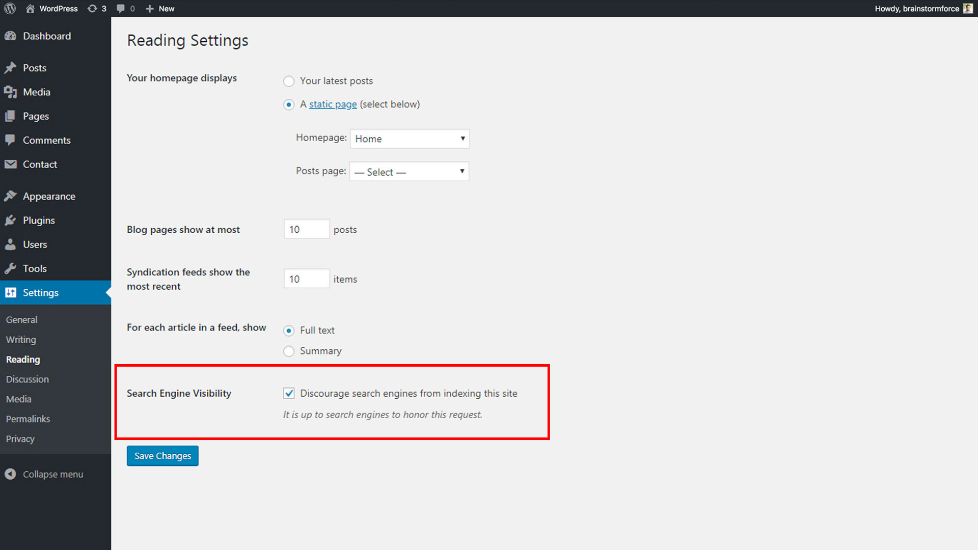 WordPress indexing settings