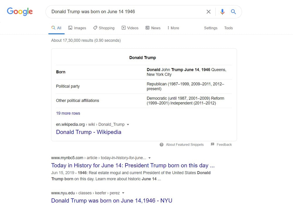 Voice search result for Trump birthdate