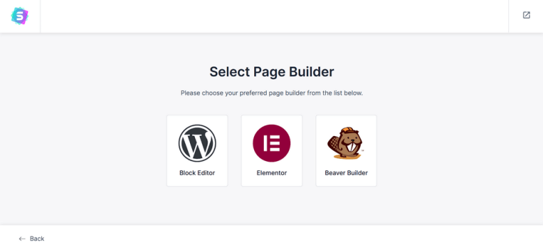 Starter templates page builder selection interface