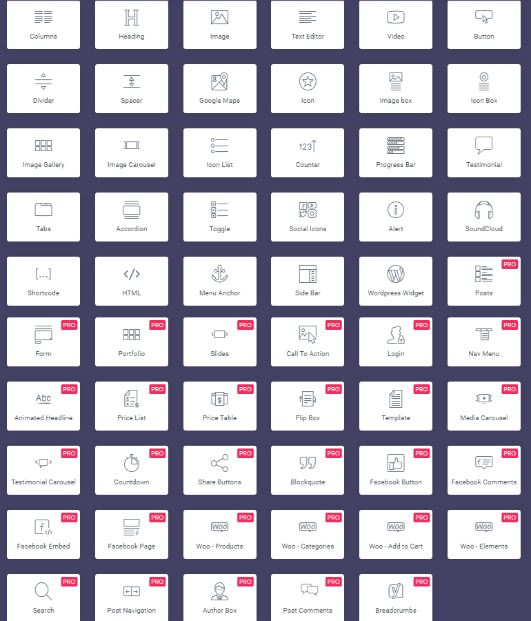 elementor widgets list
