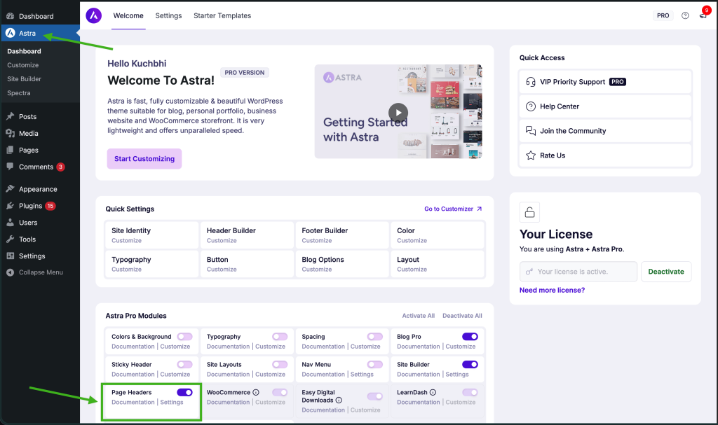 How to Create Different Headers on Different Pages Using Astra? Accessing Page headers from Astra dashboard