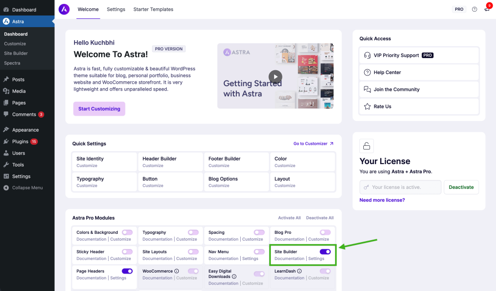 How to Create Different Headers on Different Pages Using Astra? Activating Site Builder from Astra Dashboard