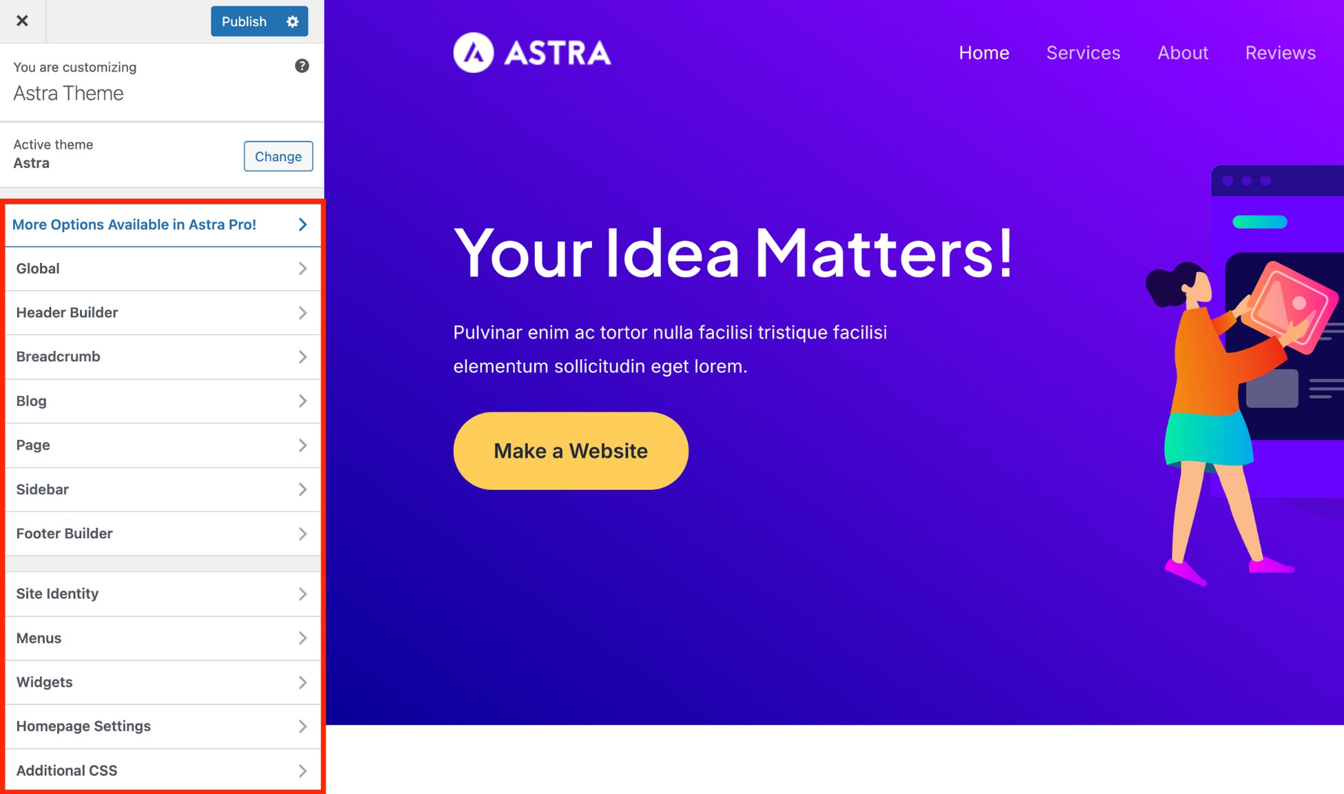astra customization area