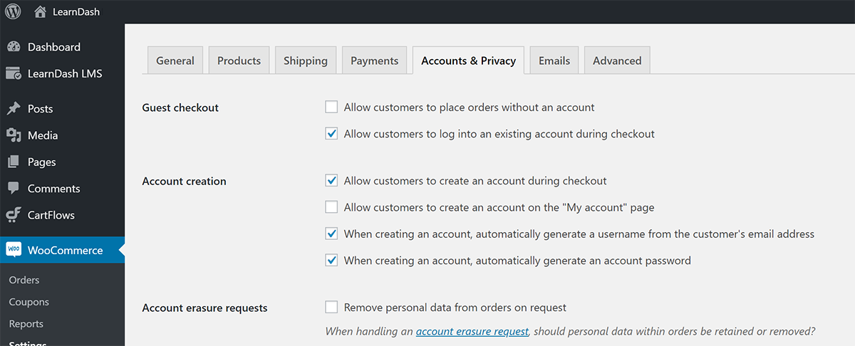 WooCommerce accounts and privacy settings