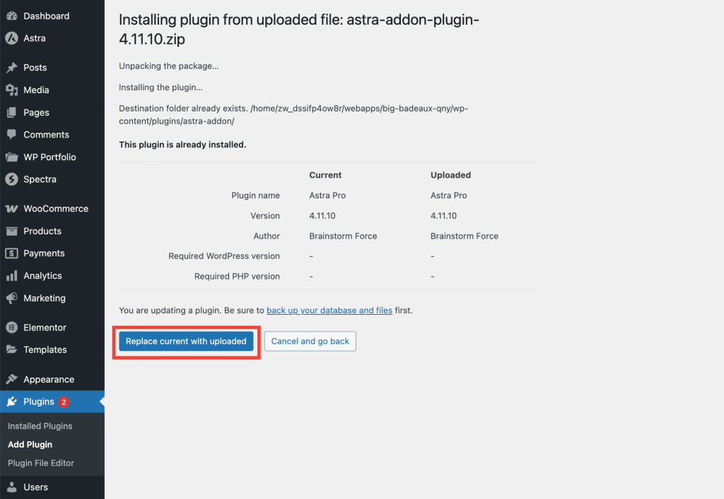 Replace current Astra Pro with uploaded to update