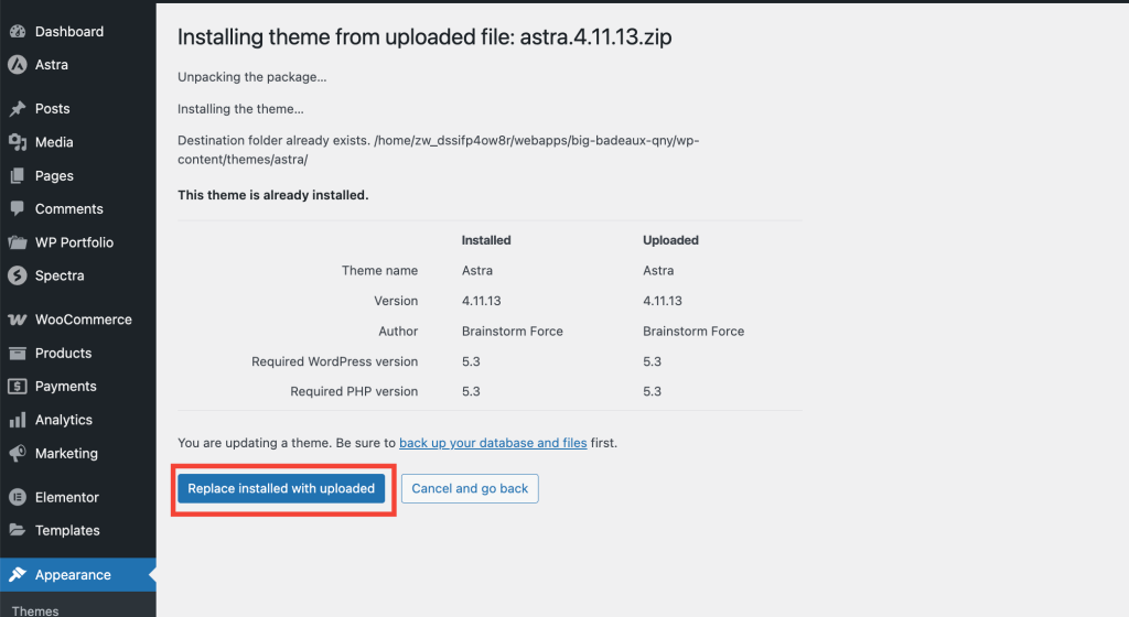 Replace uploaded theme file