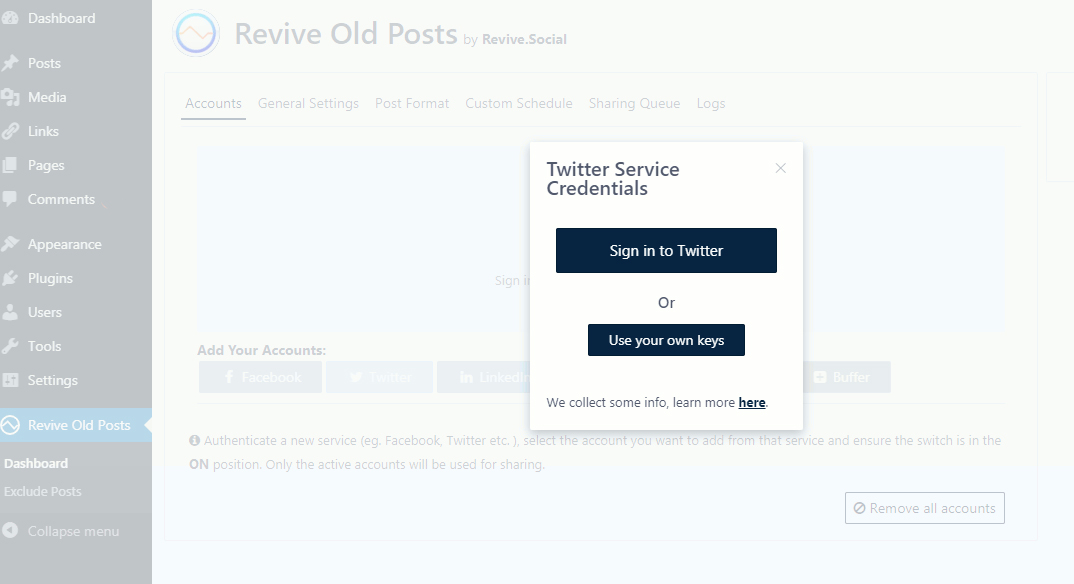 Revive Old Posts sign in options