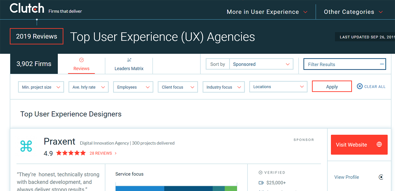 search results of UX agencies on Clutch website