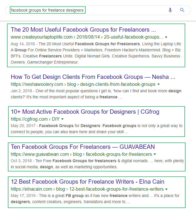 search of Facebook groups in Google search
