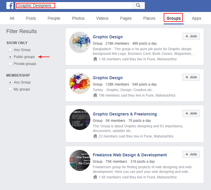 search of Graphic Designers groups on Facebook