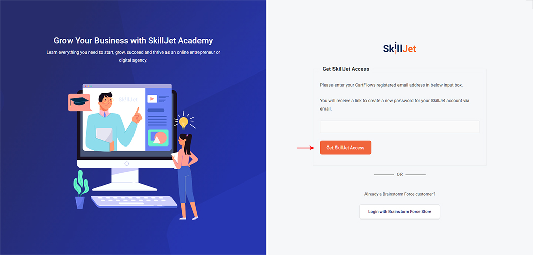 SkillJet access page for CartFlows users