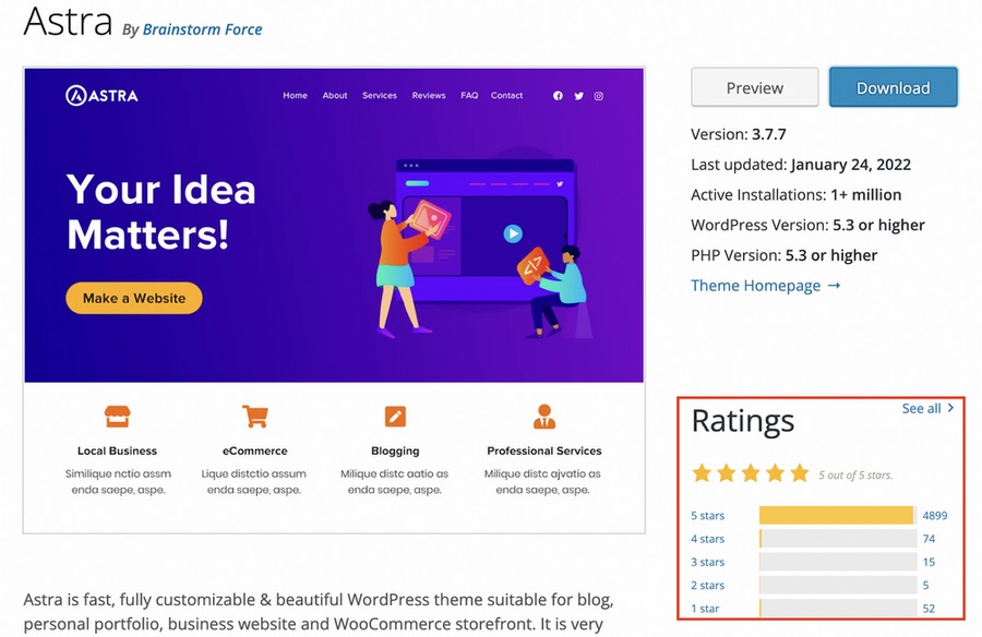 Astra free WooCommerce theme ratings