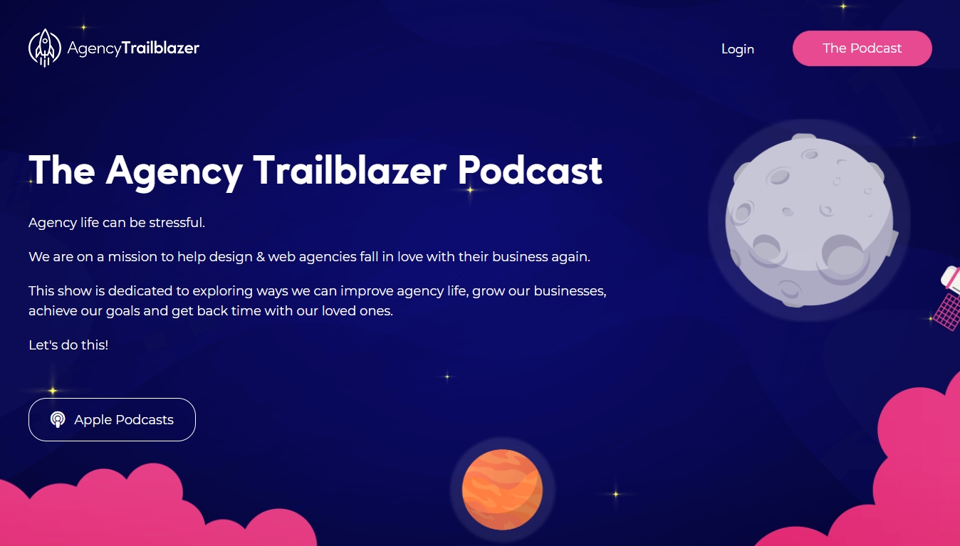 Agency TrailBlazer podcast homepage with listen on iTunes button