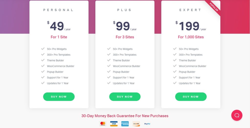 elementor pro pricing table with personal plus and expert
