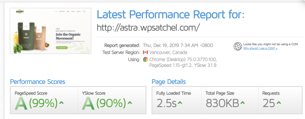 使用 WP 火箭的 Astra 速度测试结果