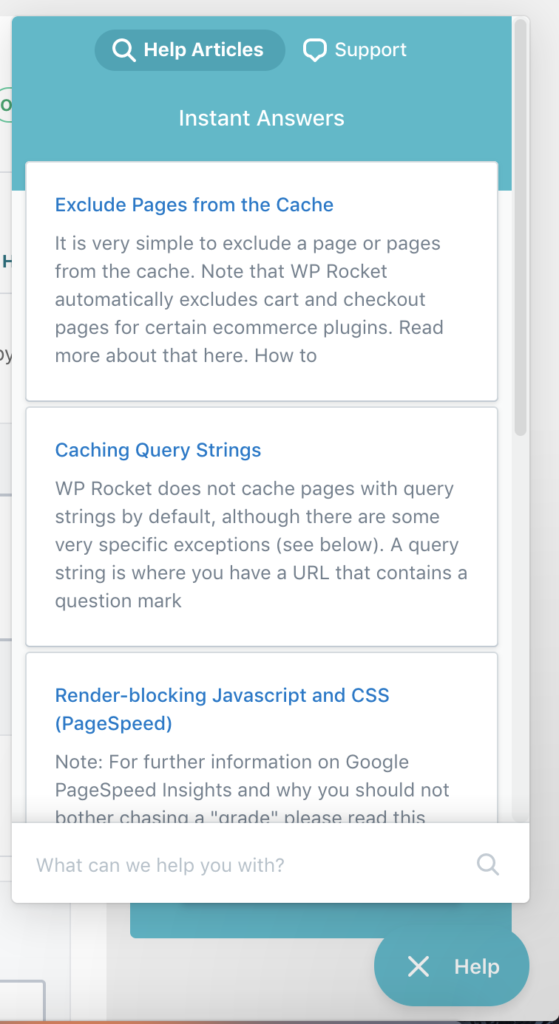 Screenshot of WP Rocket Help Articles