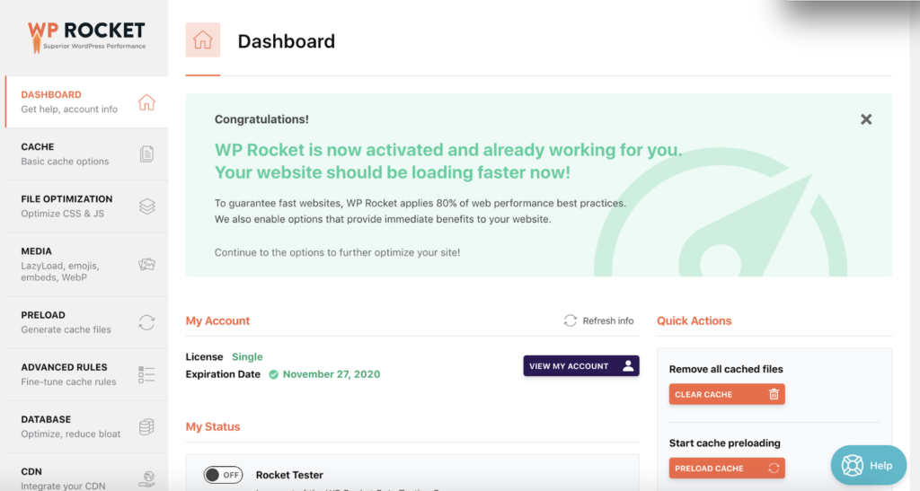 WP Rocket back end dashboard menu