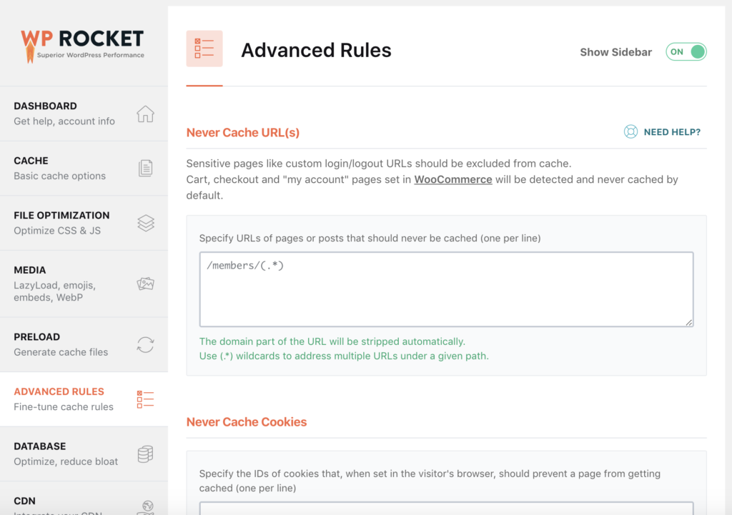 WP Rocket back end Advanced Rules menu