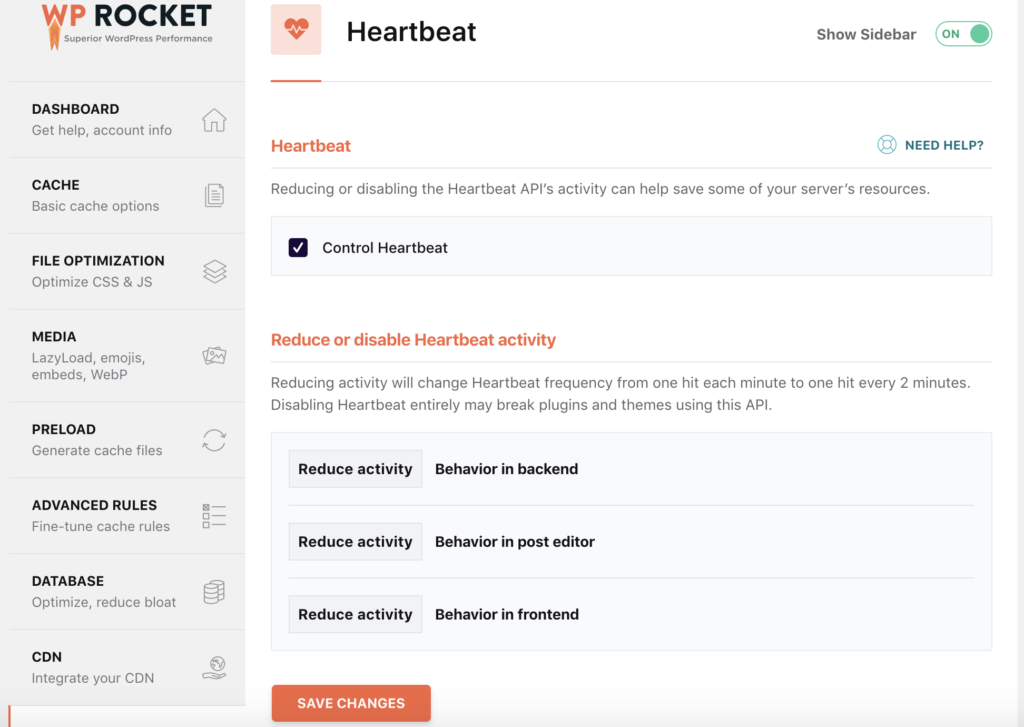 WP Rocket back end Heartbeat menu