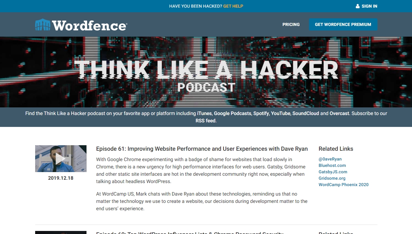 Think Like a Hacker podcast homepage with latest episode post