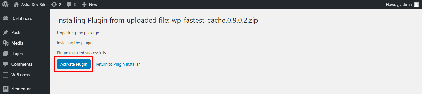 Manually activating WordPress Fastest Cache plugin