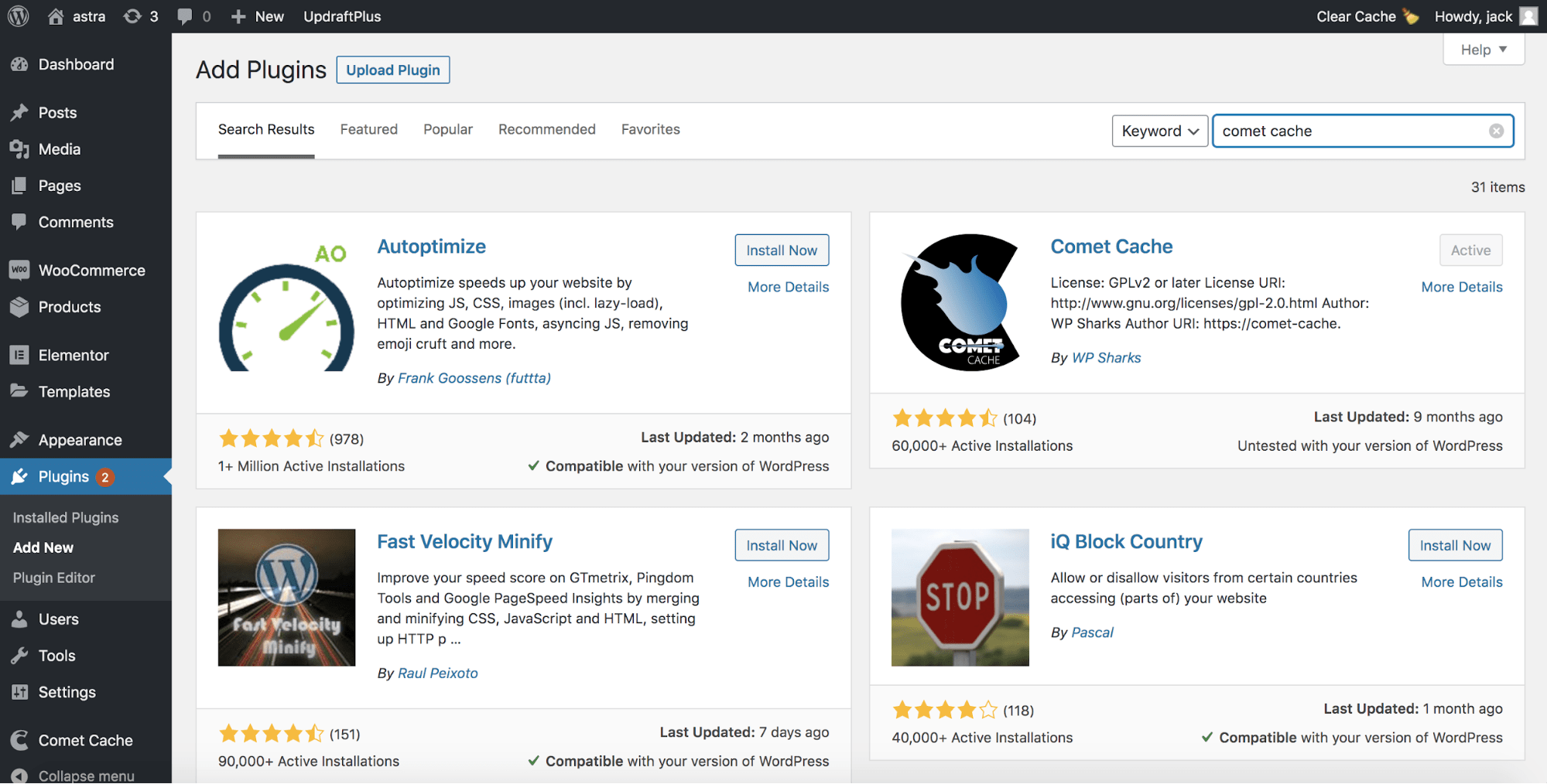 Search results for Comet Cache in the WordPress Dashboard
