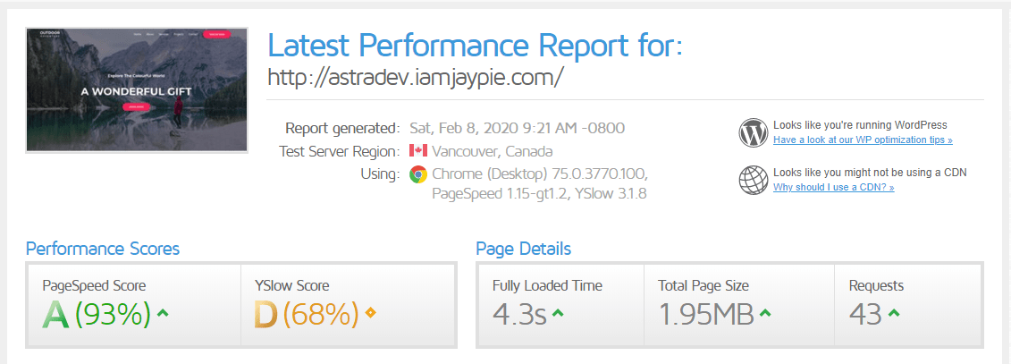 Page speedtest results after installing Hyper Cache with 4.3 seconds load time