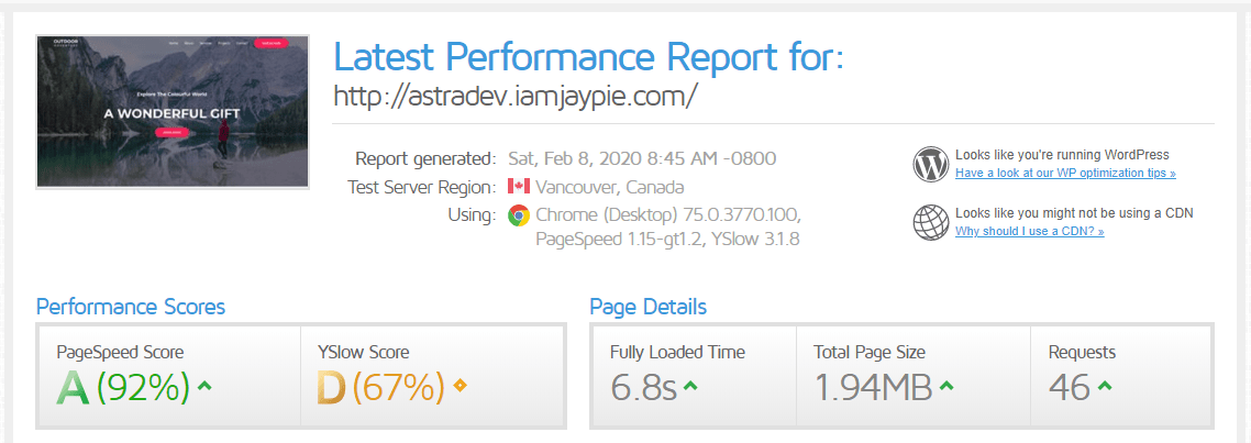 Page speedtest results before installing Hyper Cache with 6.8 seconds load time
