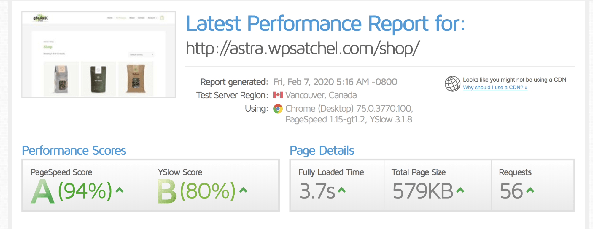 Speedtest results before installing W3 Total Cache 