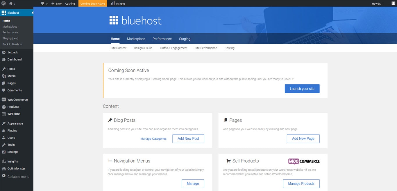 WordPress admin dashboard installed in Bluehost
