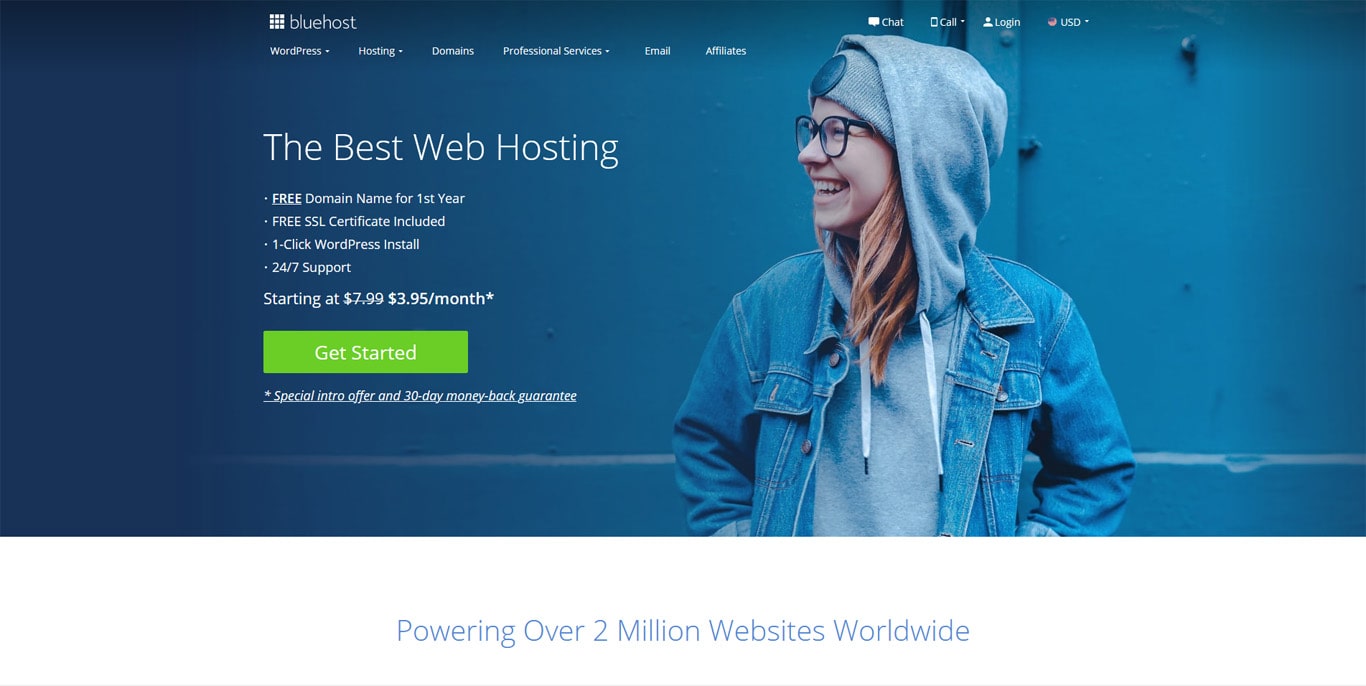 A screenshot of Bluehost's homepage