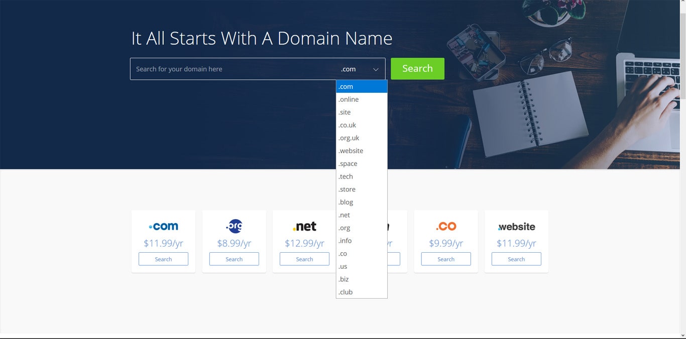 Dropdown with a list of Bluehost's available TLDs