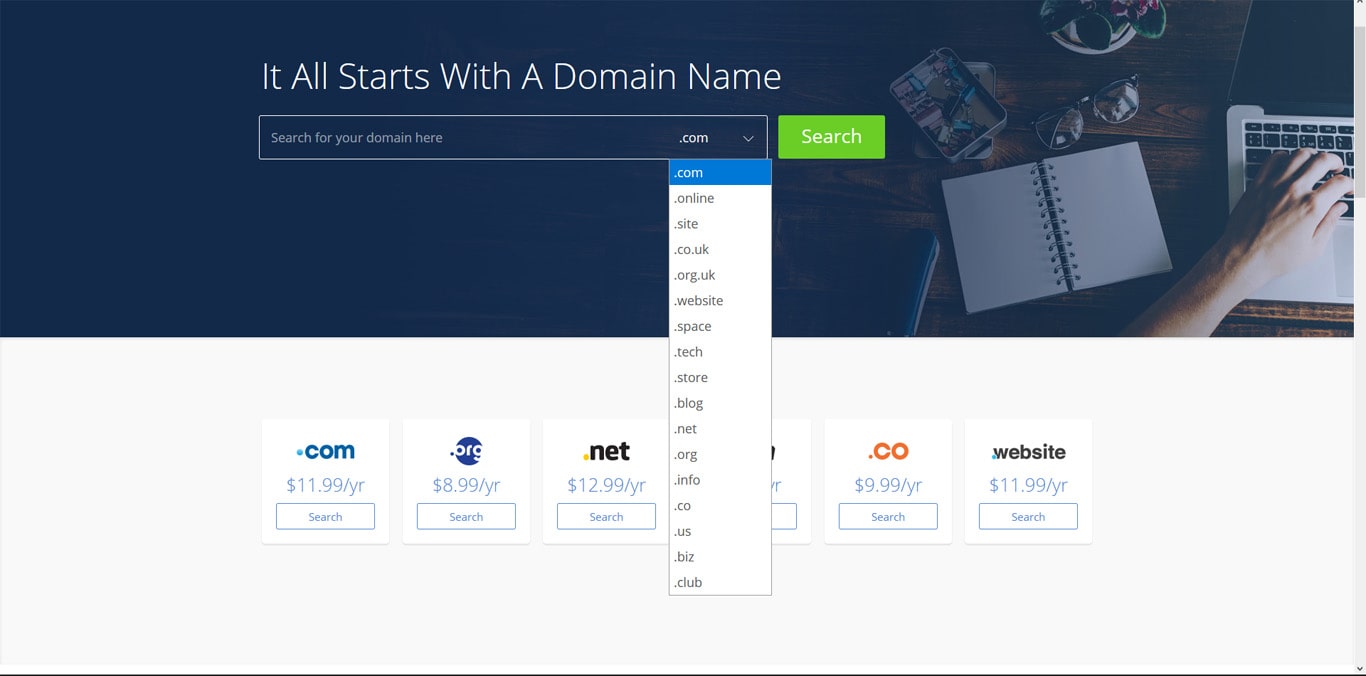 带有 Bluehost 可用 TLD 列表的下拉列表