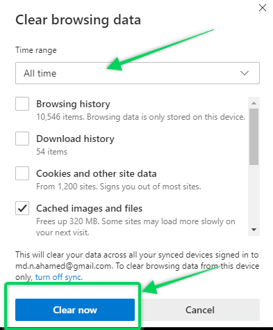 Clear browsing data settings on Microsoft Edge