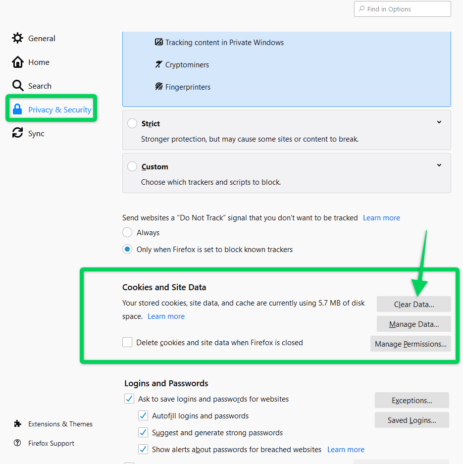 Clear browsing data settings on Firefox browser