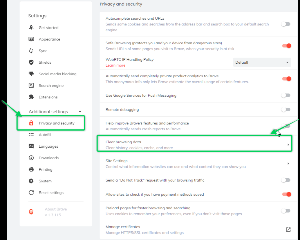 Clear cache settings on Brave browser