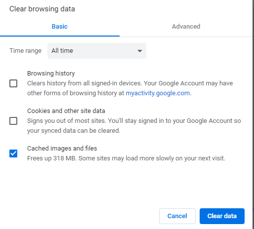 Clear data options on Google Chrome browser