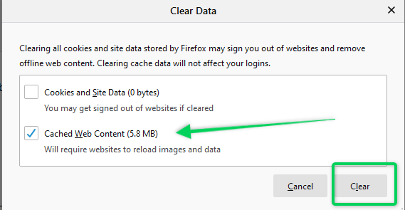 Clear cached data options on Firefox browser