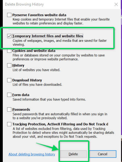 ie clear cookies and cache