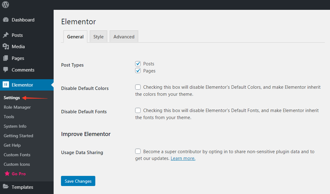 Elementor general settings - WordPress Dashboard