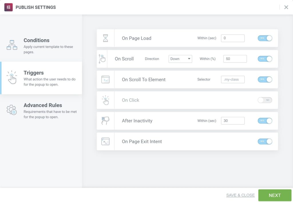 publishing settings in elementor