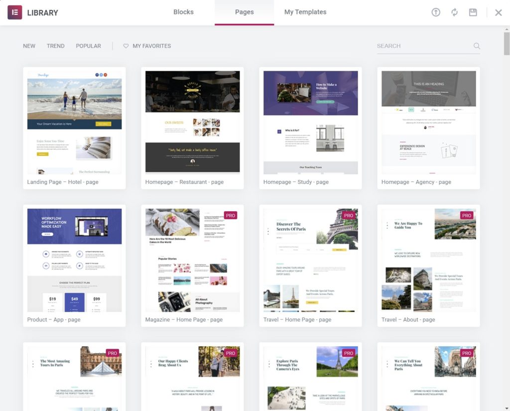 templates library in elementor