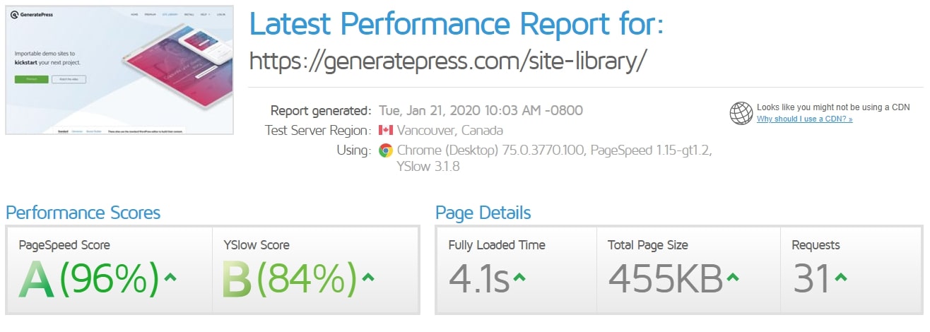 generatepress speedtest results