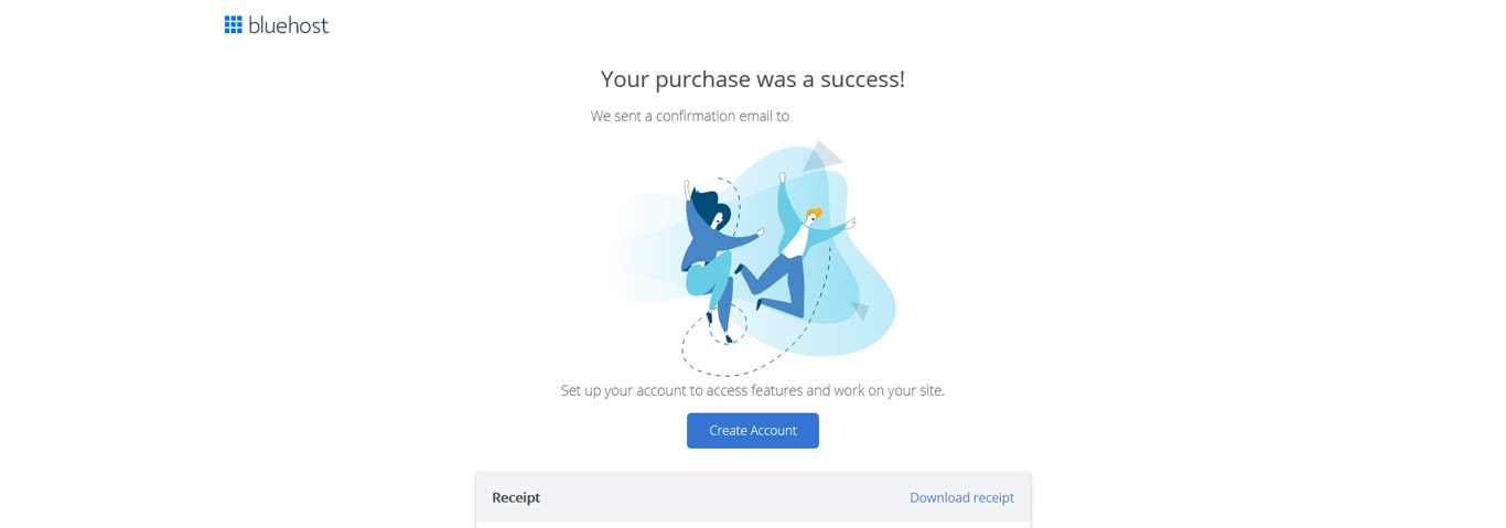 Purchase confirmation screen after purchasing a Bluehost WordPress hosting
