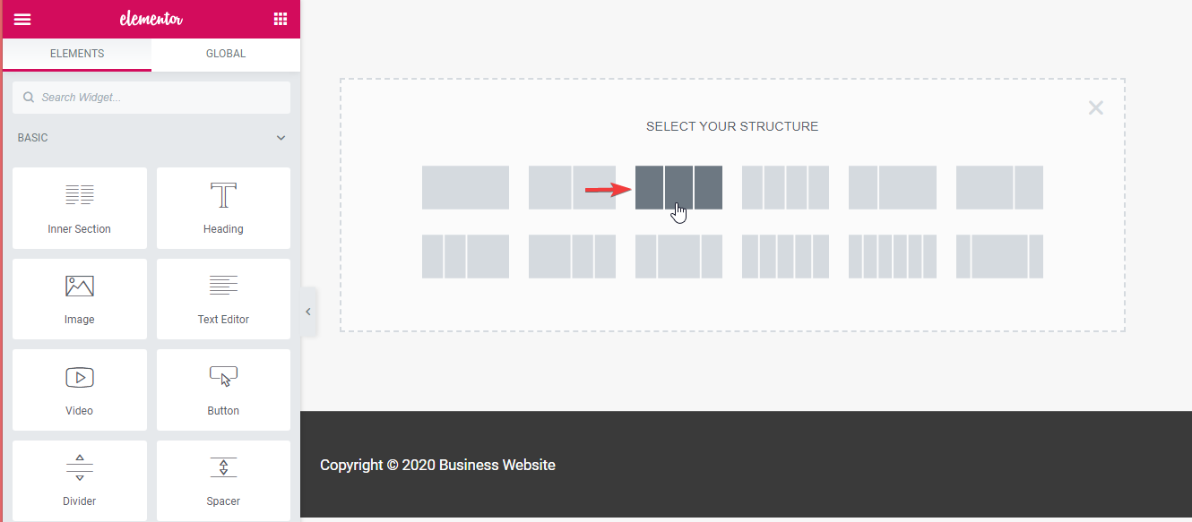 Elementor structure selector with different options