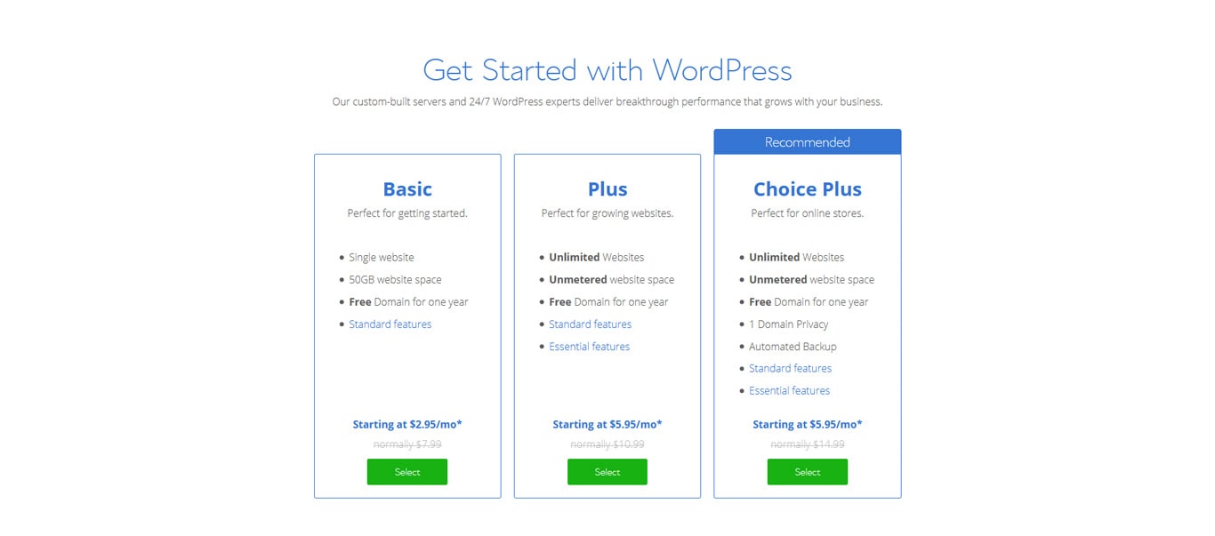 WordPress basic package pricing table on Bluehost