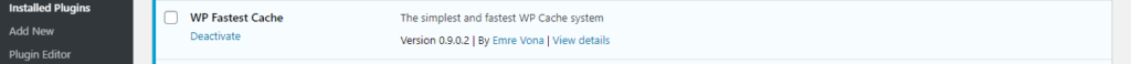 WP Fastest Cache installed on the plugins page from the dashboard