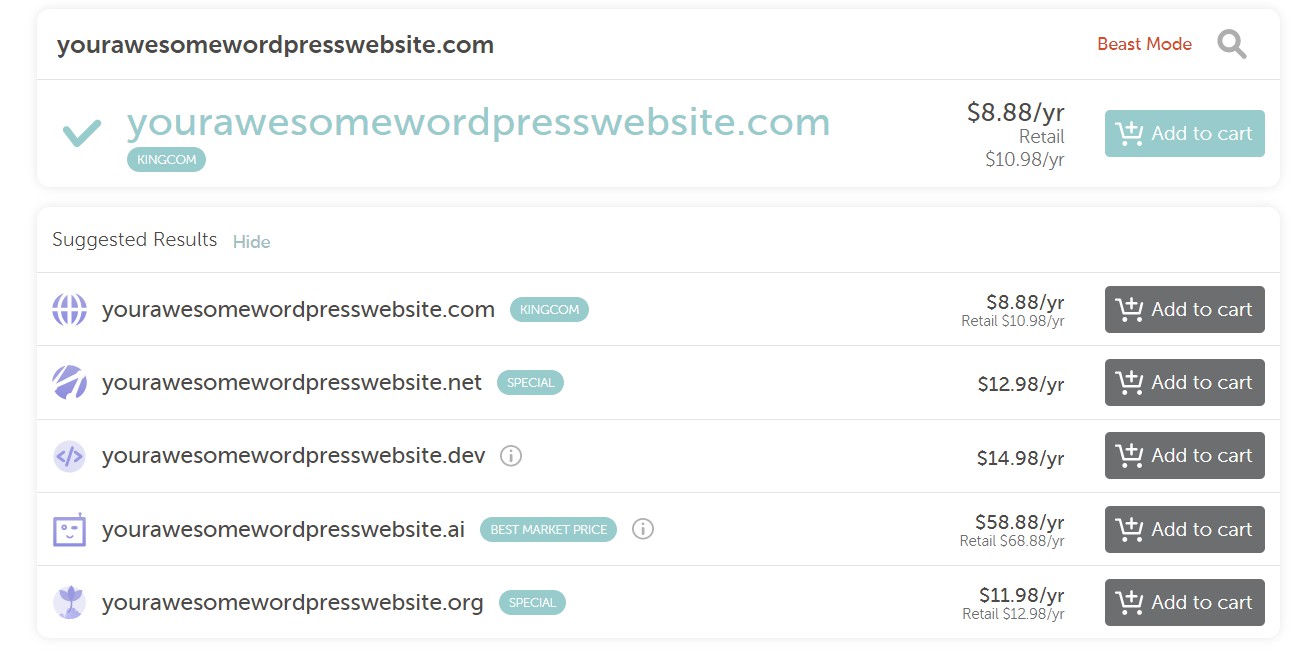 Different price options for purchasing a domain